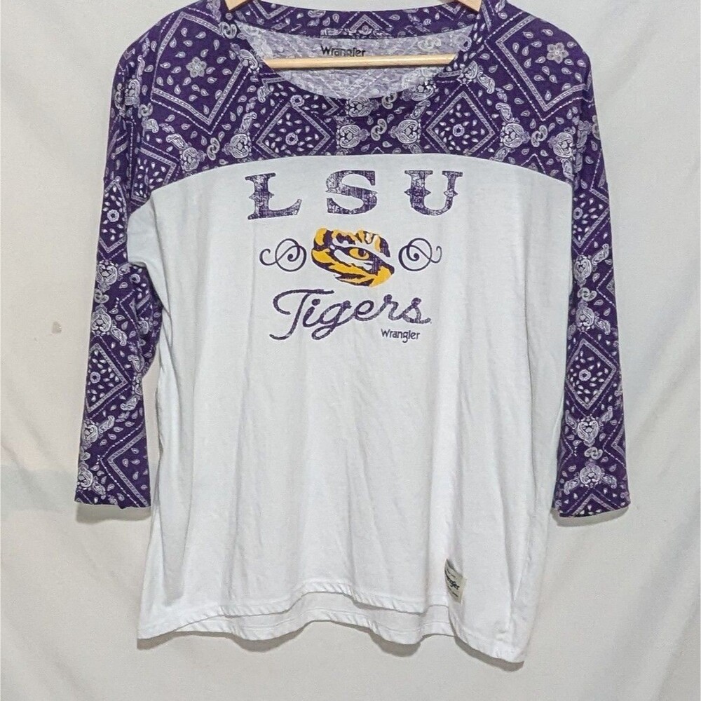 Wrangler LSU Tigers T-Shirt Women XL White Purple Bandana Print 3/4 Sleeve Tee